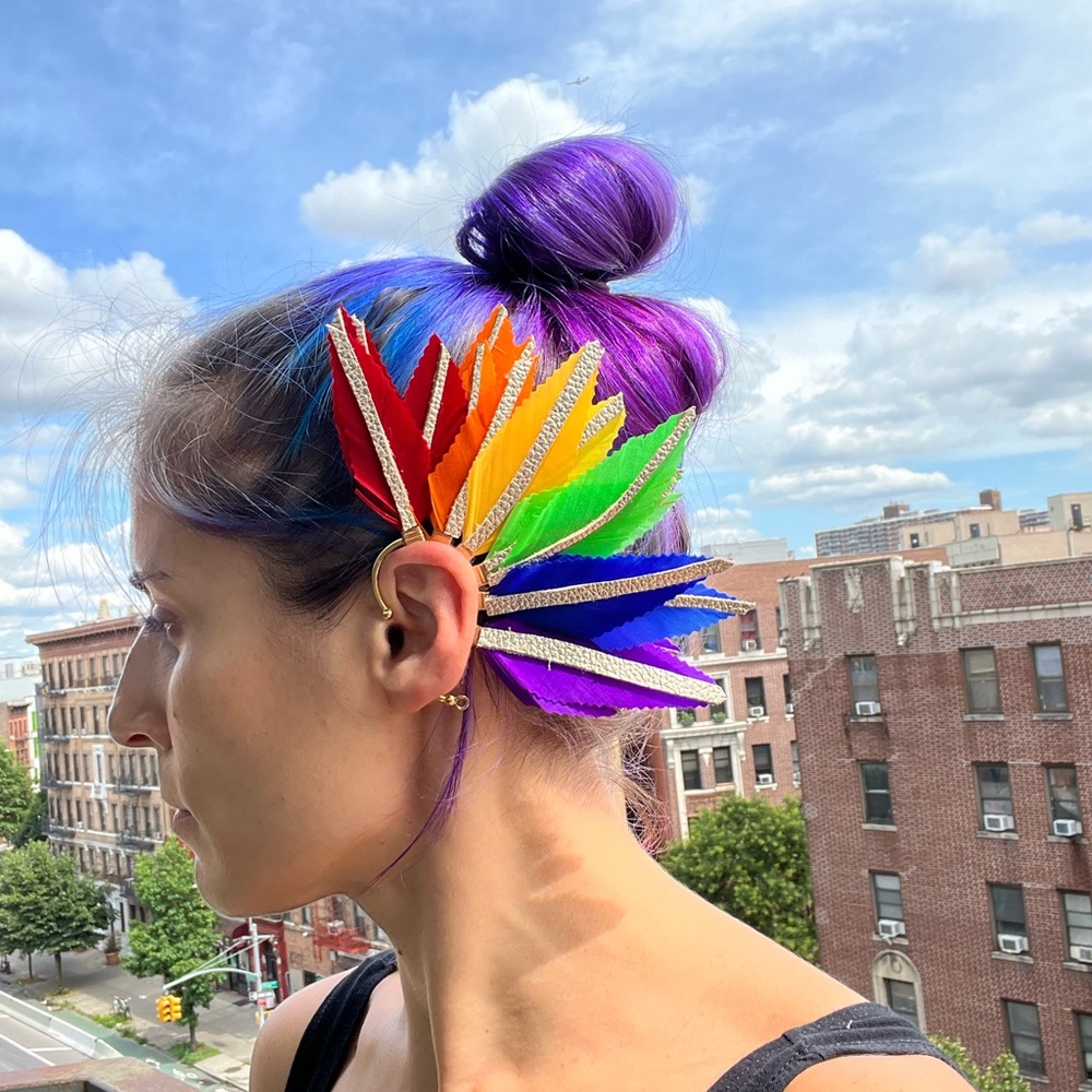 Rainbow colored feather ear cuff